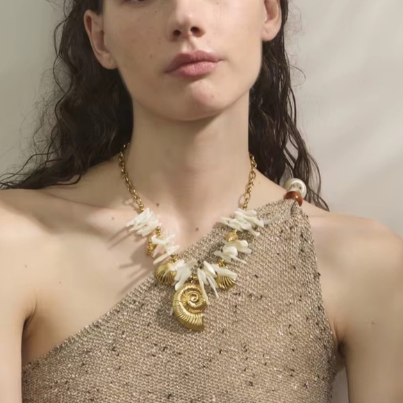 Seashell Statement Necklace – Stainless Steel PVD Gold Plated with Resin Accents - Picture 3 of 12